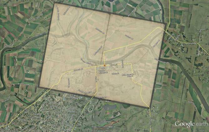 Morpeth 1849 superimposed on Google Earth 2013 Landscape (Thanks Russell Rigby)